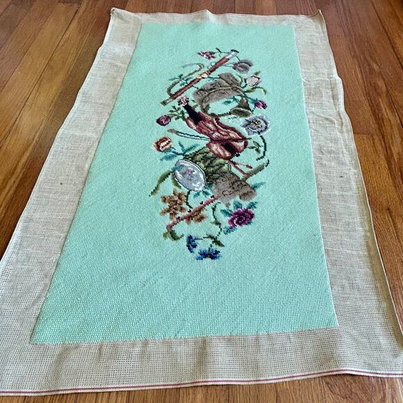 Vintage Finished Needlepoint with Music Violin and Floral Garland Design - Picture 3 of 11